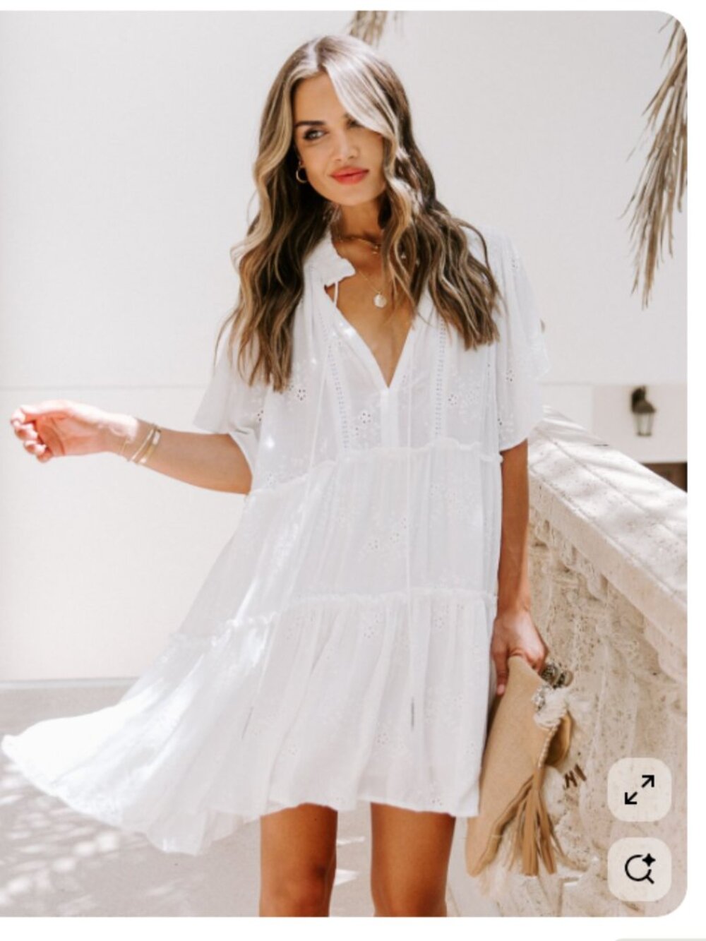 VICI Yolanda White Eyelet Babydoll Dress - M - Tiered Summer Mini
